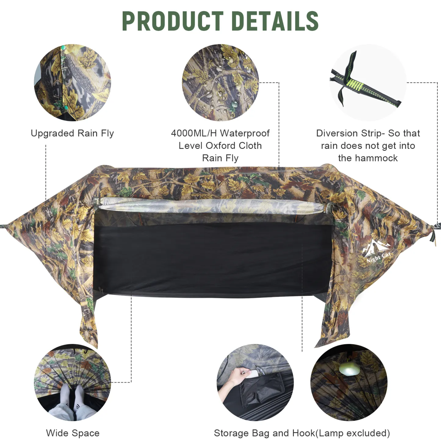 Night Cat hammock tent waterproof rainfly and storage details