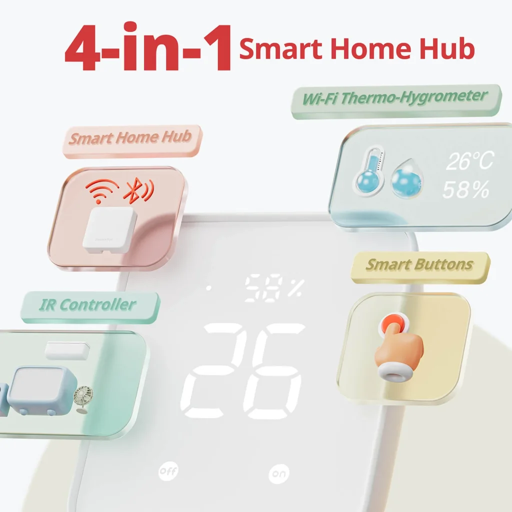 Diagram showing SwitchBot Hub 2 as a smart hub, infrared controller, thermometer, hygrometer and smart button controller